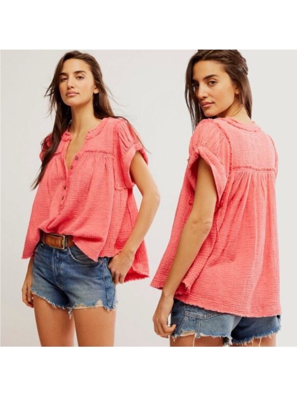 We the Free Horizons Double Cross Cotton Gauze Top Coral Paradise Size large